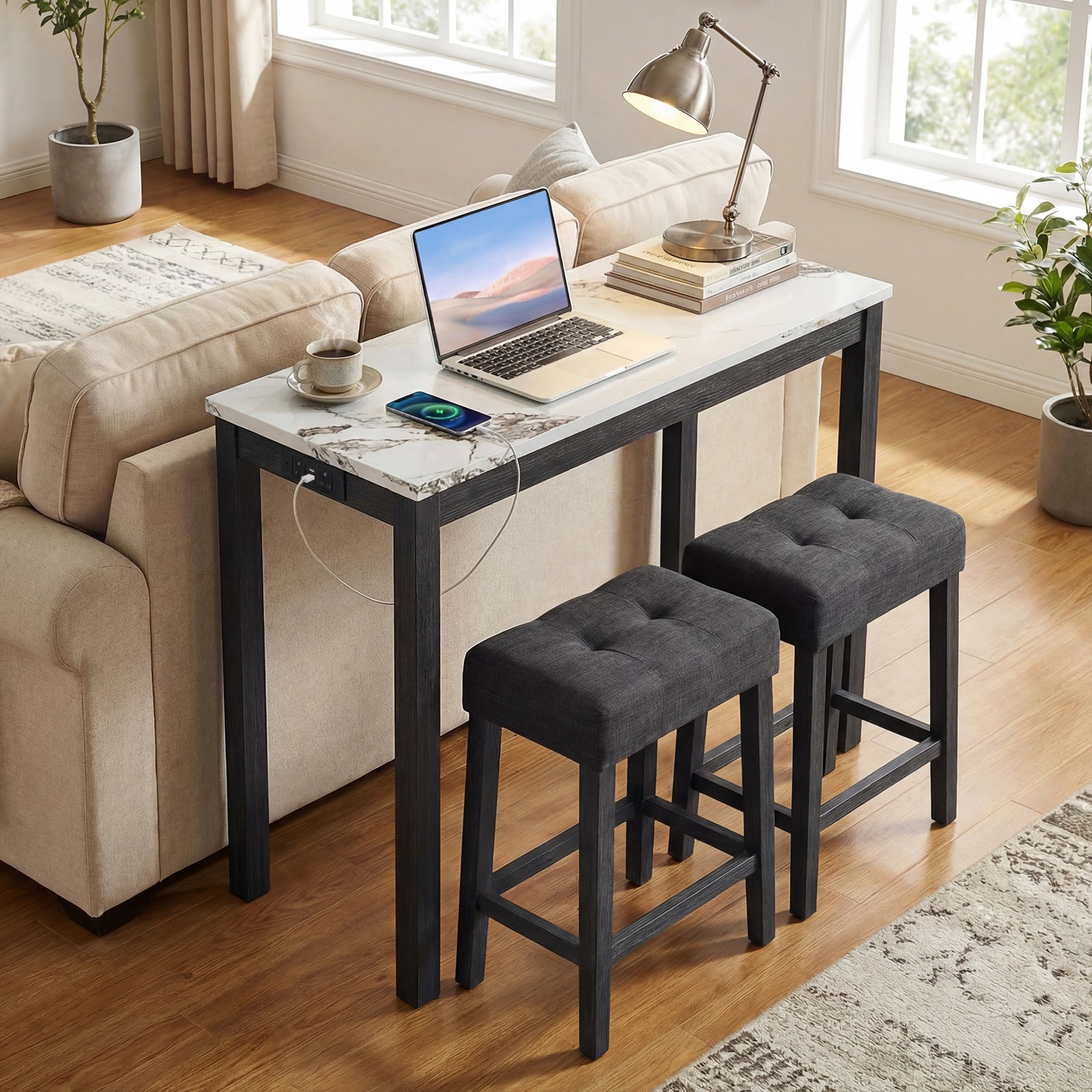 3-Piece Bar Table Set with Charging Station Modern Counter Height Breakfast Table with Faux Marble Top-White