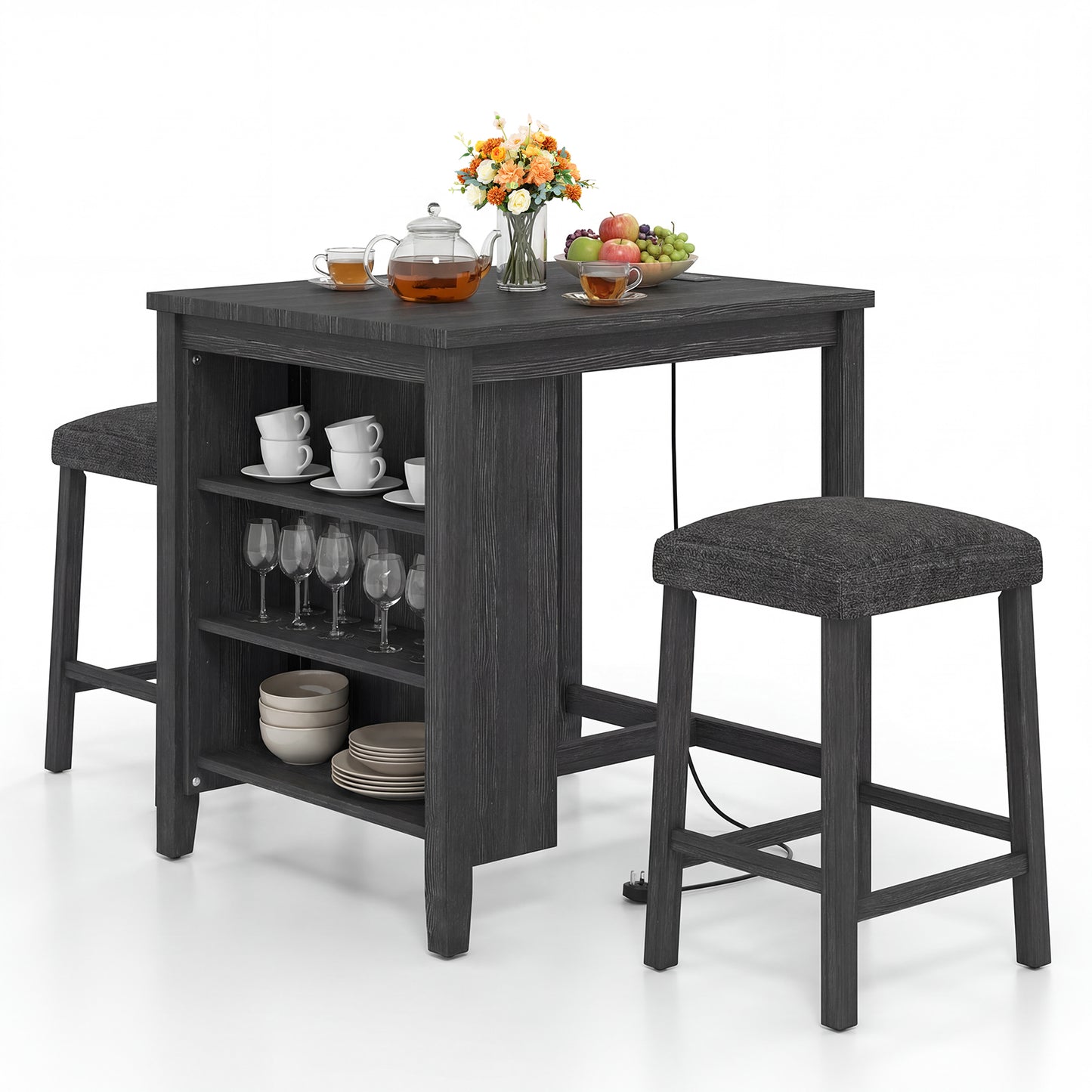 3-Piece Bar Table Set with Power Outlet Counter Height Kitchen Dining Table-Black