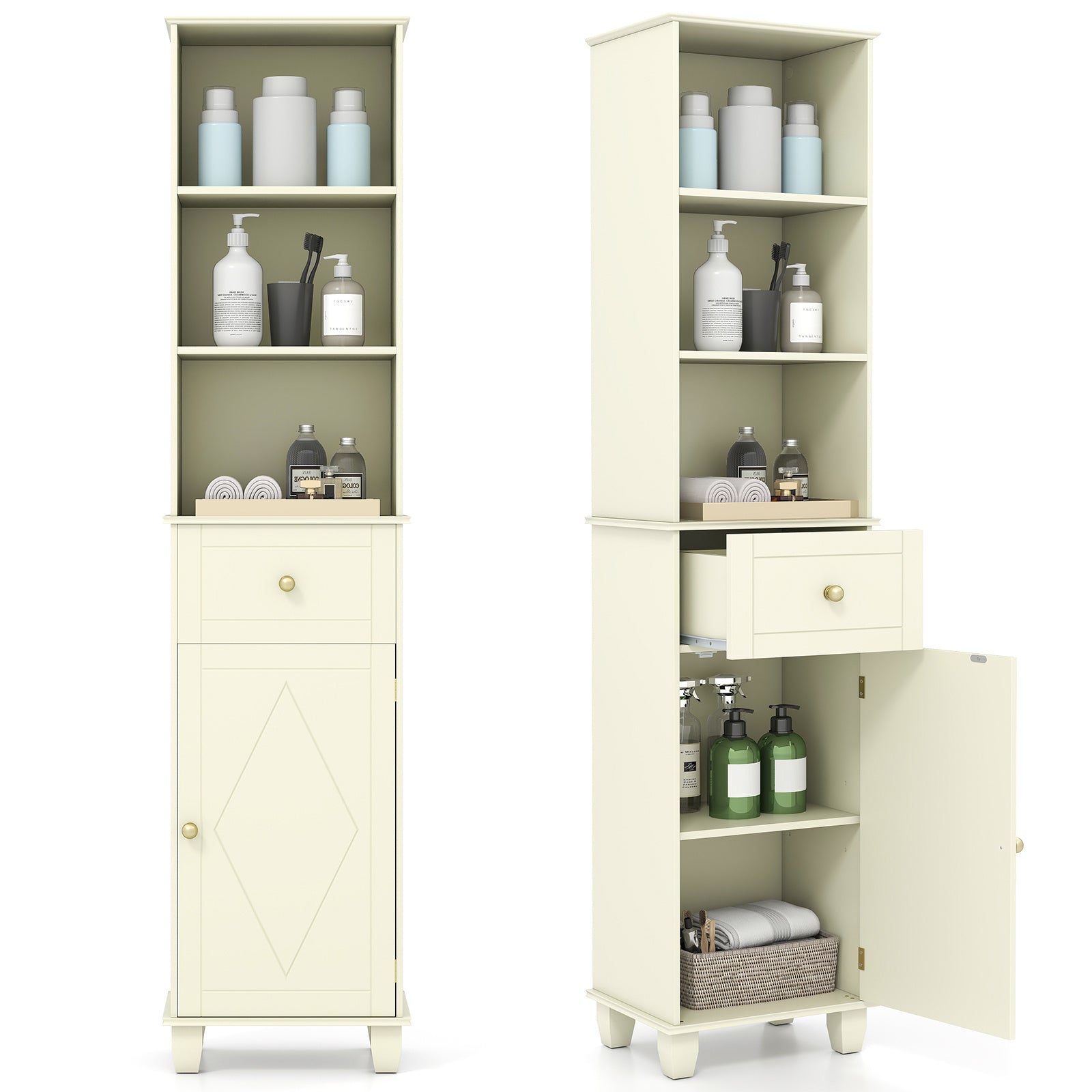 3-Piece Bathroom Cabinet Set with Diamond Pattern, Floor, Tall & Wall Cabinet