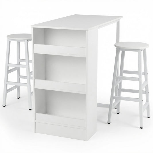 3-Piece Dining Table Set 91 cm Counter Height Bistro Table with 3 Storage Shelves-White
