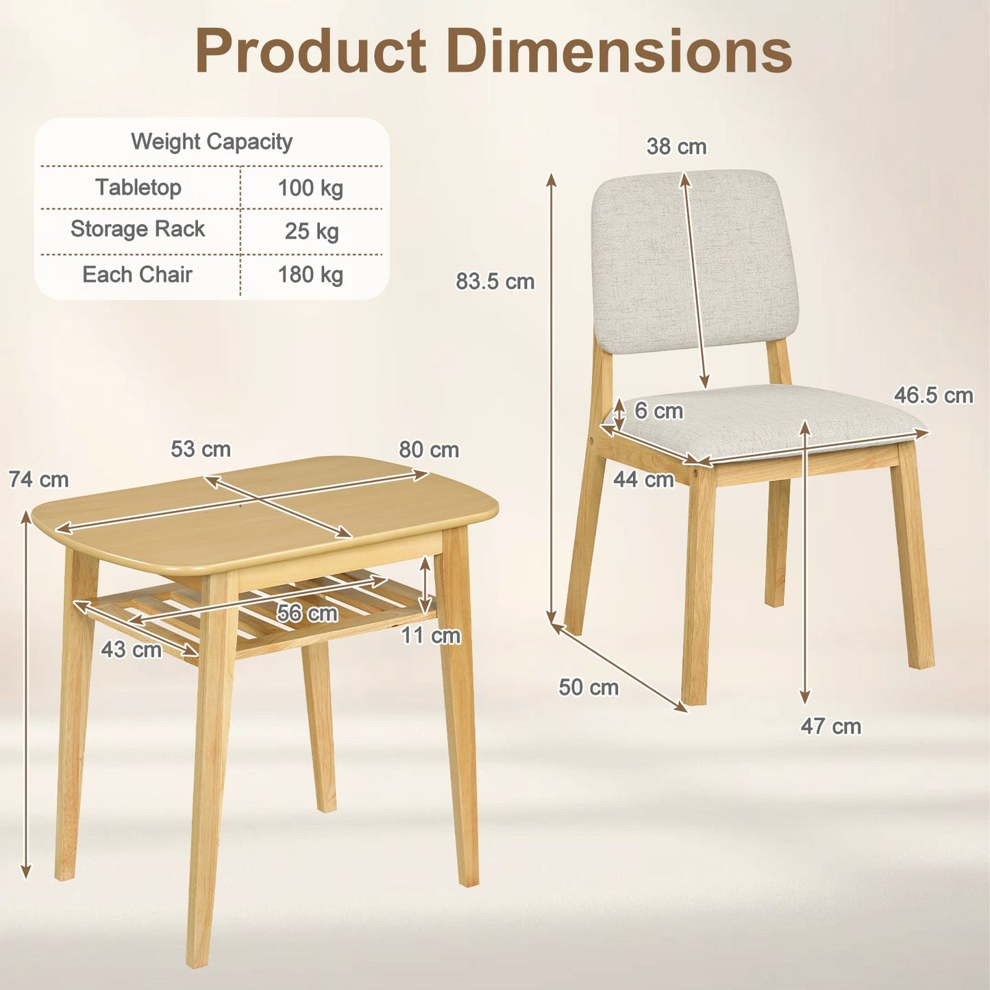 3-Piece Dining Table Set with Storage Rack for Small Spaces-Natural