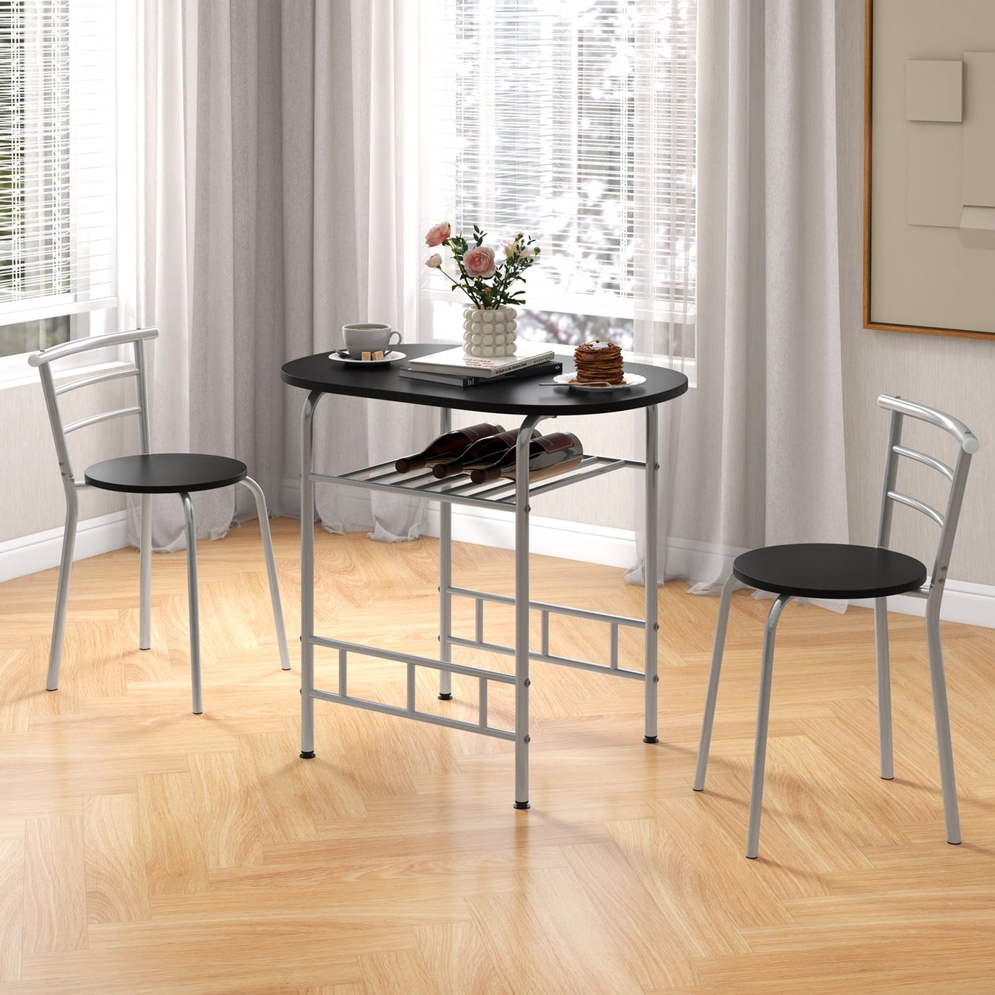 3-Piece Dining Table Set with Wood Grain Tabletop and Extra Wine Rack-Silver