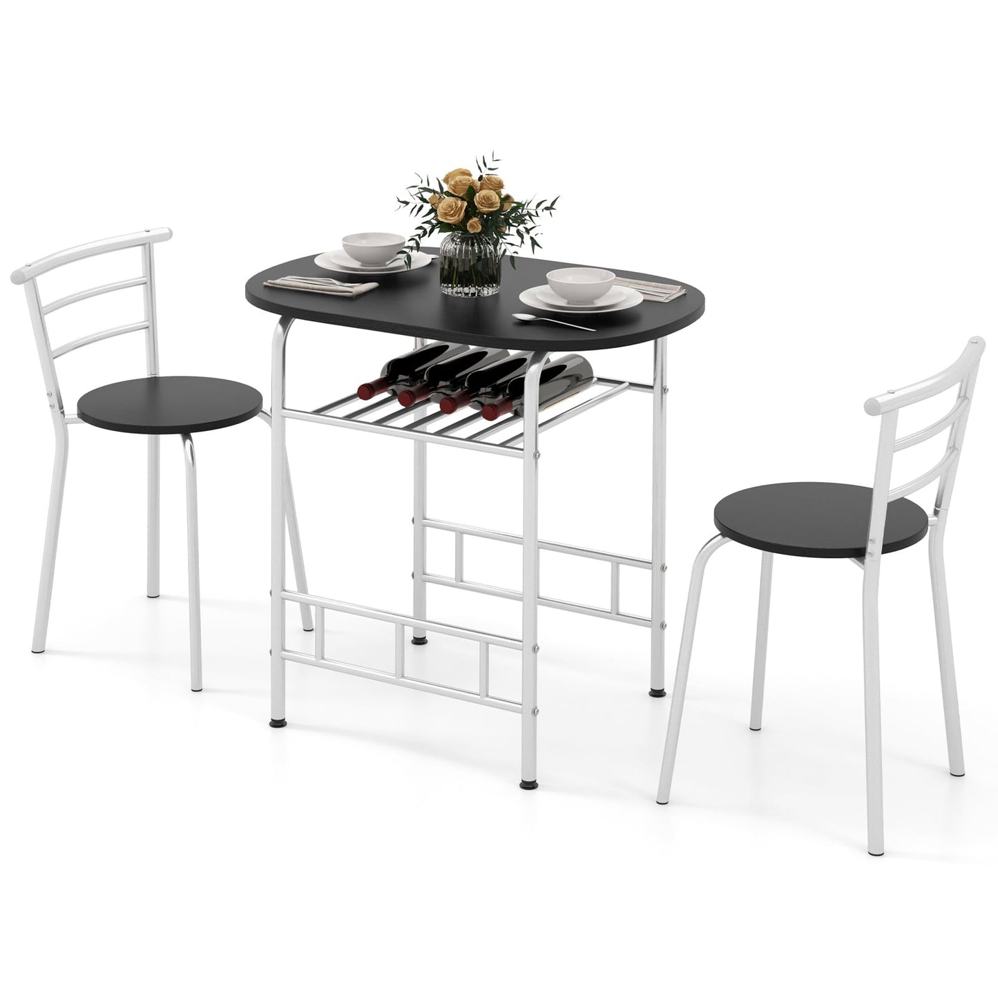 3-Piece Dining Table Set with Wood Grain Tabletop and Extra Wine Rack-Silver