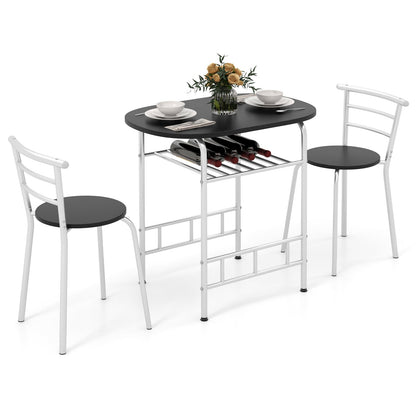 3-Piece Dining Table Set with Wood Grain Tabletop and Extra Wine Rack-Silver