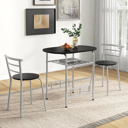 3-Piece Dining Table Set with Wood Grain Tabletop and Extra Wine Rack-Silver