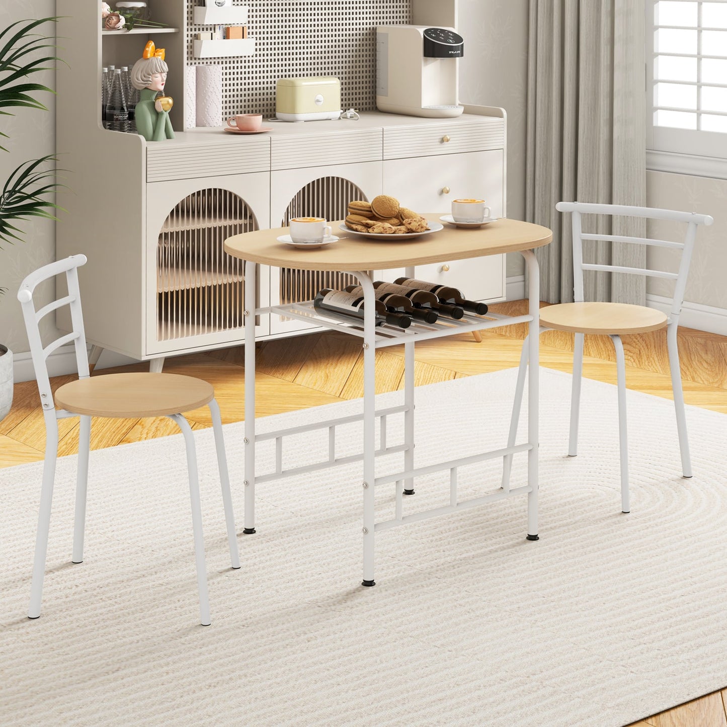 3-Piece Dining Table Set with Wood Grain Tabletop and Extra Wine Rack-White