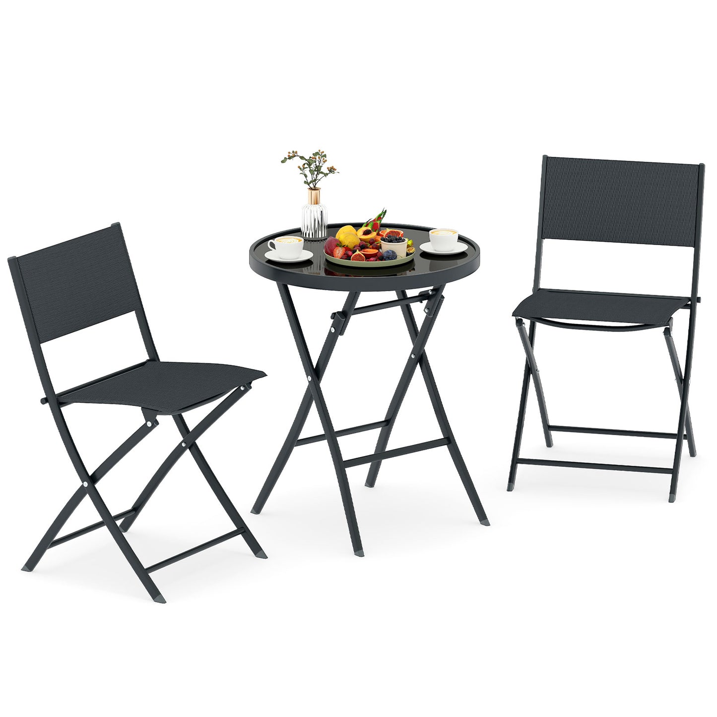 3 Piece Folding Bistro Set Patio Dining Furniture with Breathable Fabric Seat