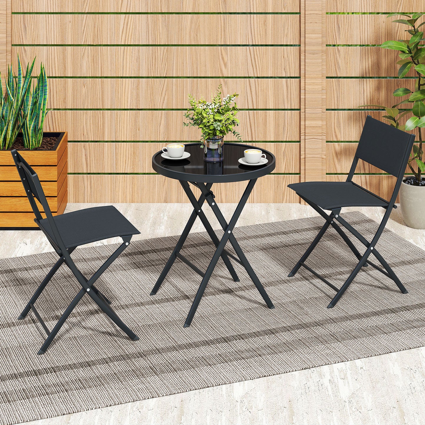 3 Piece Folding Bistro Set Patio Dining Furniture with Breathable Fabric Seat