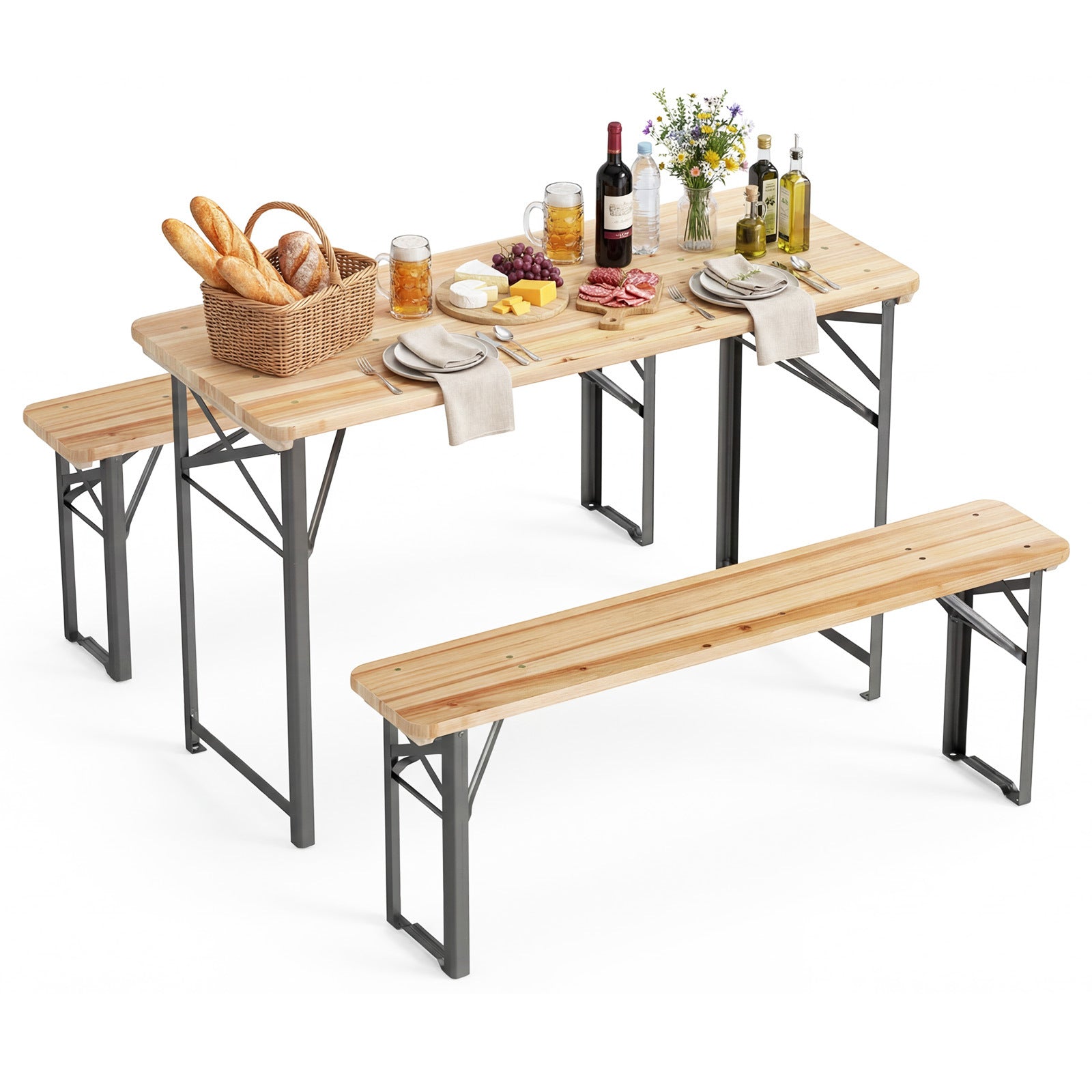 3-Piece Folding Picnic Table with Benches Fir Wood Portable Bear Camping Table-Natural