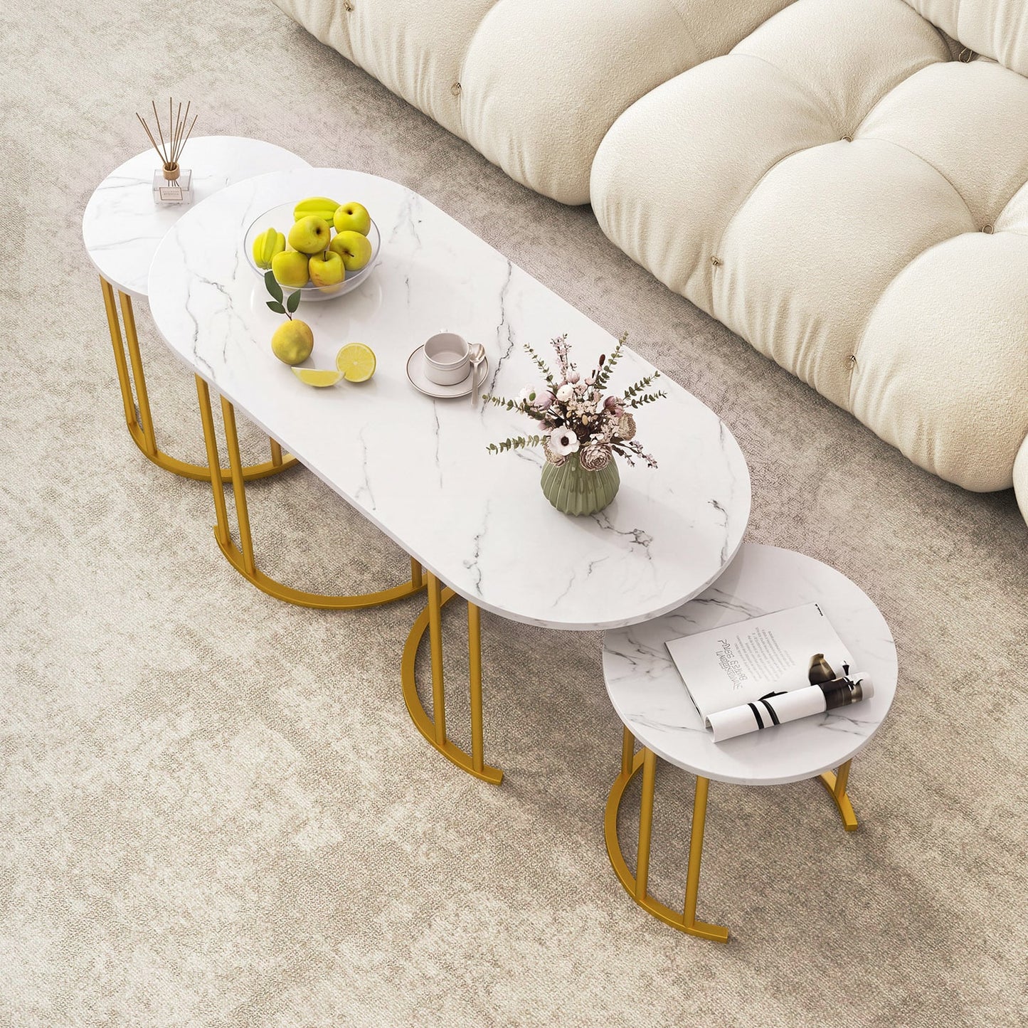3-Piece Nesting Coffee Table Set 110cm Coffee Table with 2 Side Tables-White