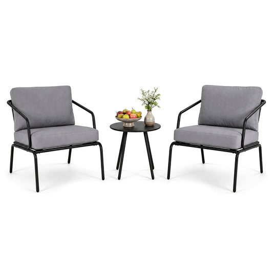 3 Piece Outdoor Bistro Set Round Side Table and 2 Armchairs with Padded Cushions-Grey