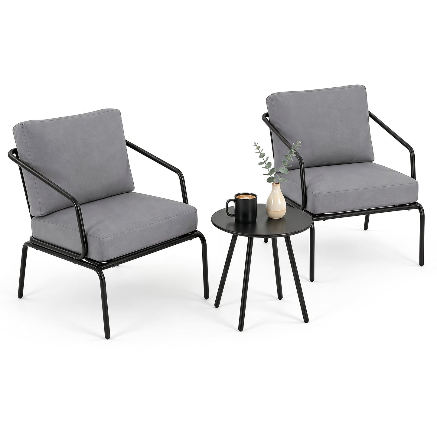 3 Piece Outdoor Bistro Set Round Side Table and 2 Armchairs with Padded Cushions-Grey