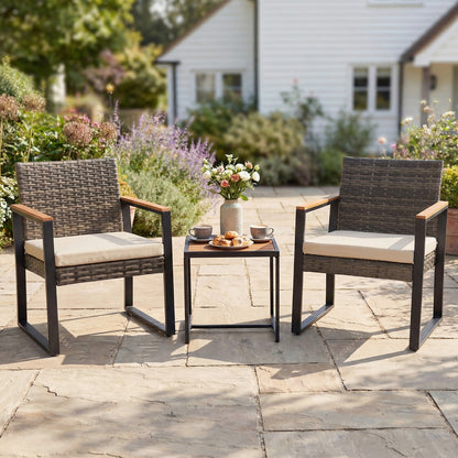 3-Piece PE Wicker Patio Set with Soft Cushion and Side Table for Balcony-Beige