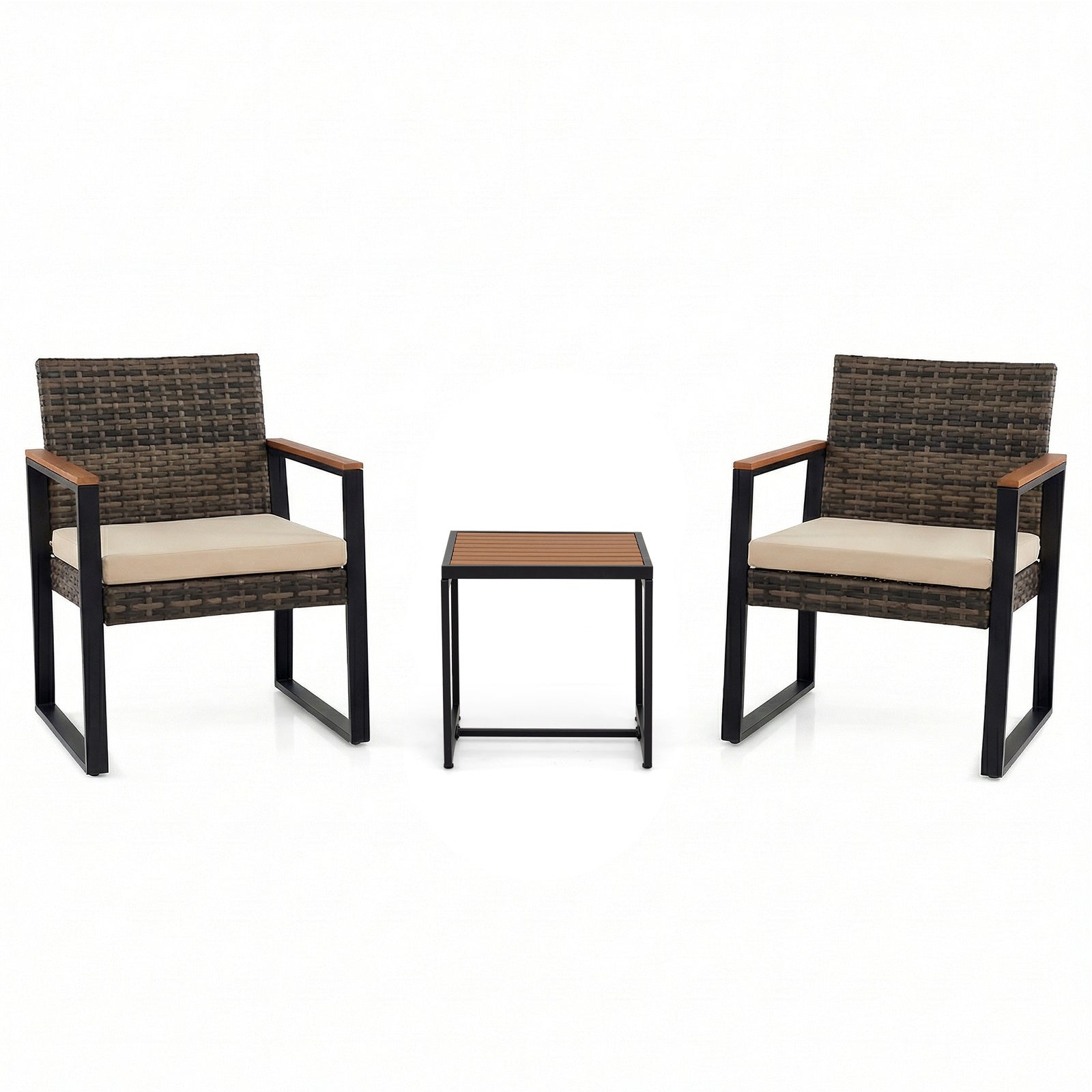 3-Piece PE Wicker Patio Set with Soft Cushion and Side Table for Balcony-Beige
