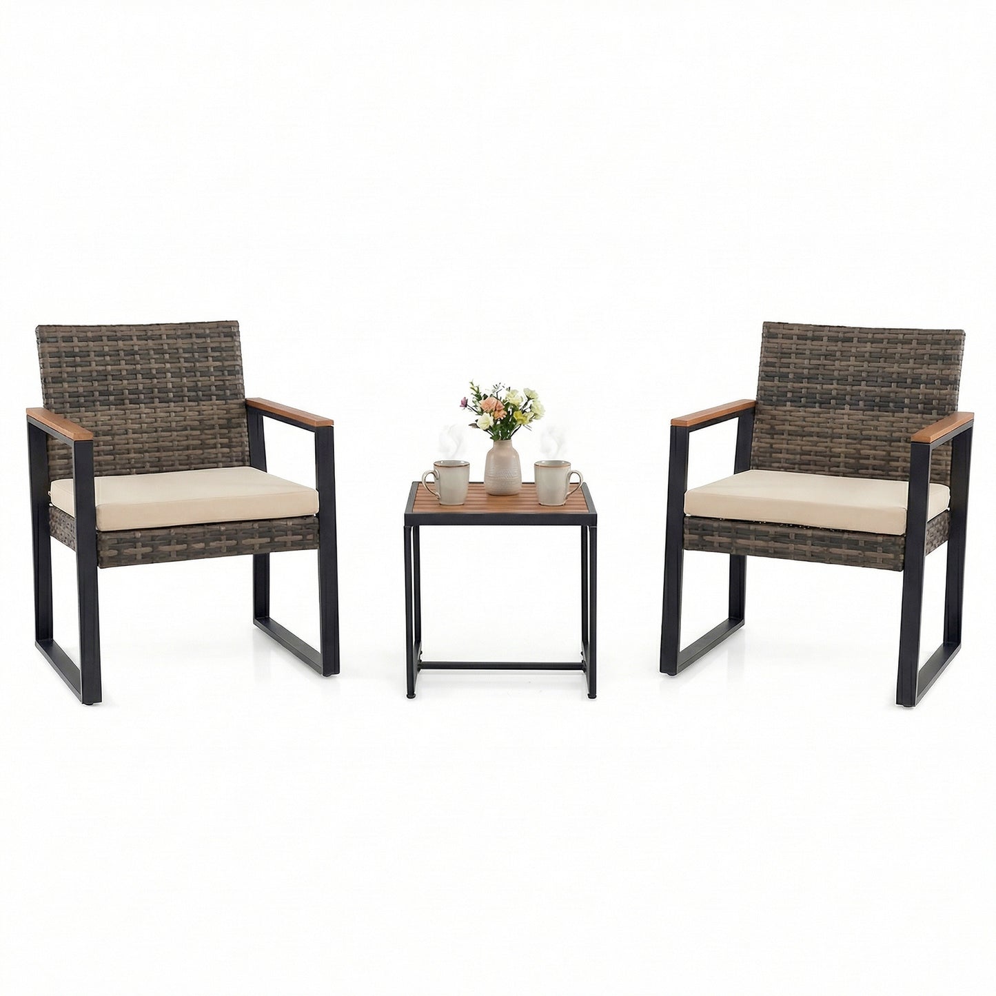 3-Piece PE Wicker Patio Set with Soft Cushion and Side Table for Balcony-Beige