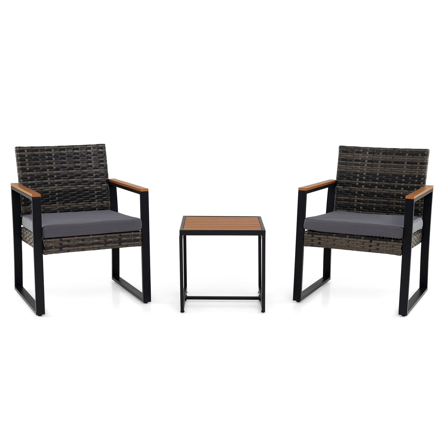 3-Piece PE Wicker Patio Set with Soft Cushion and Side Table for Balcony-Grey