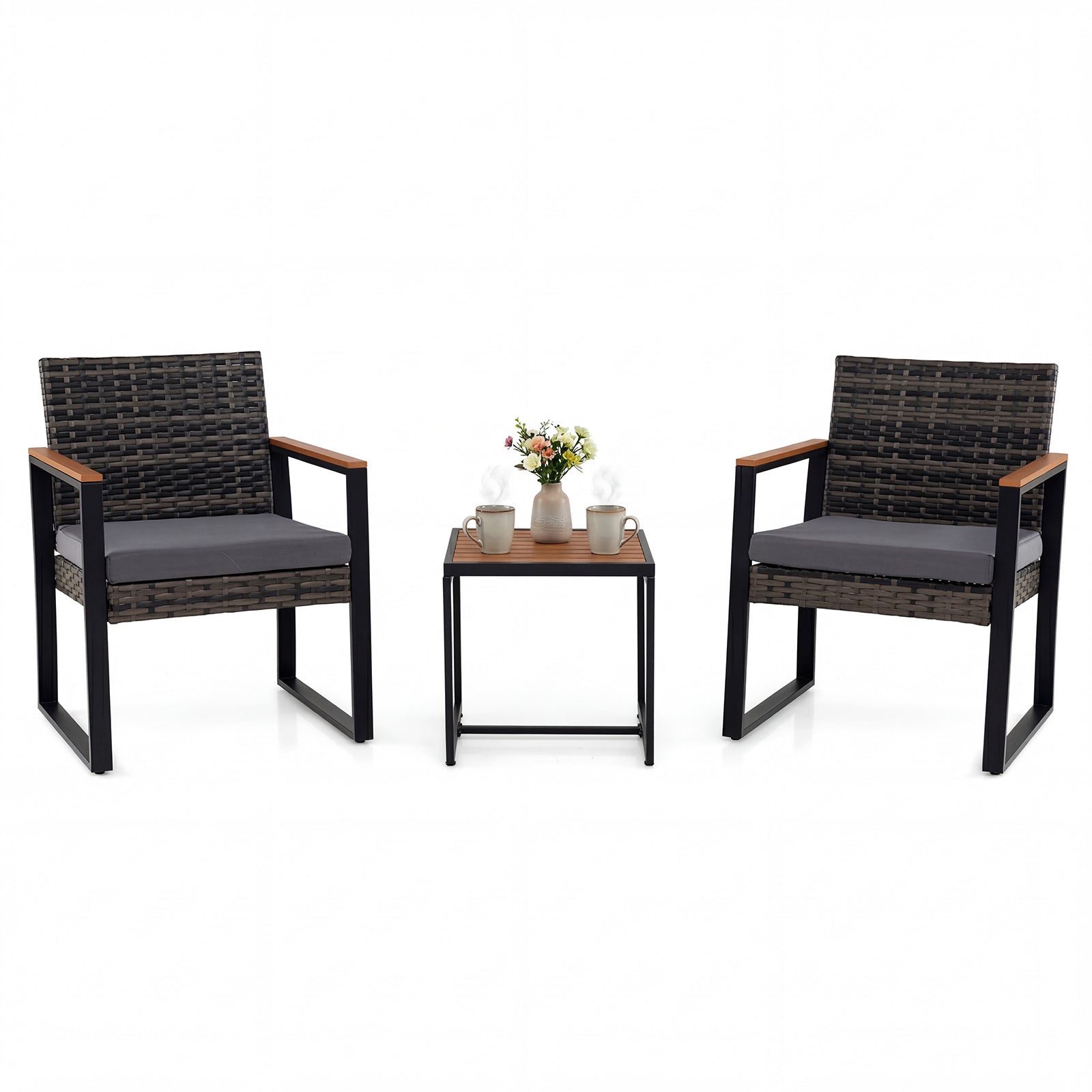 3-Piece PE Wicker Patio Set with Soft Cushion and Side Table for Balcony-Grey
