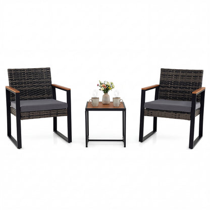 3-Piece PE Wicker Patio Set with Soft Cushion and Side Table for Balcony-Grey