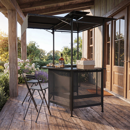 3-Piece Patio Bar Set and Outdoor BBQ Canopy with Bar Table and 2 Folding Bar Stools for Backyard-Grey