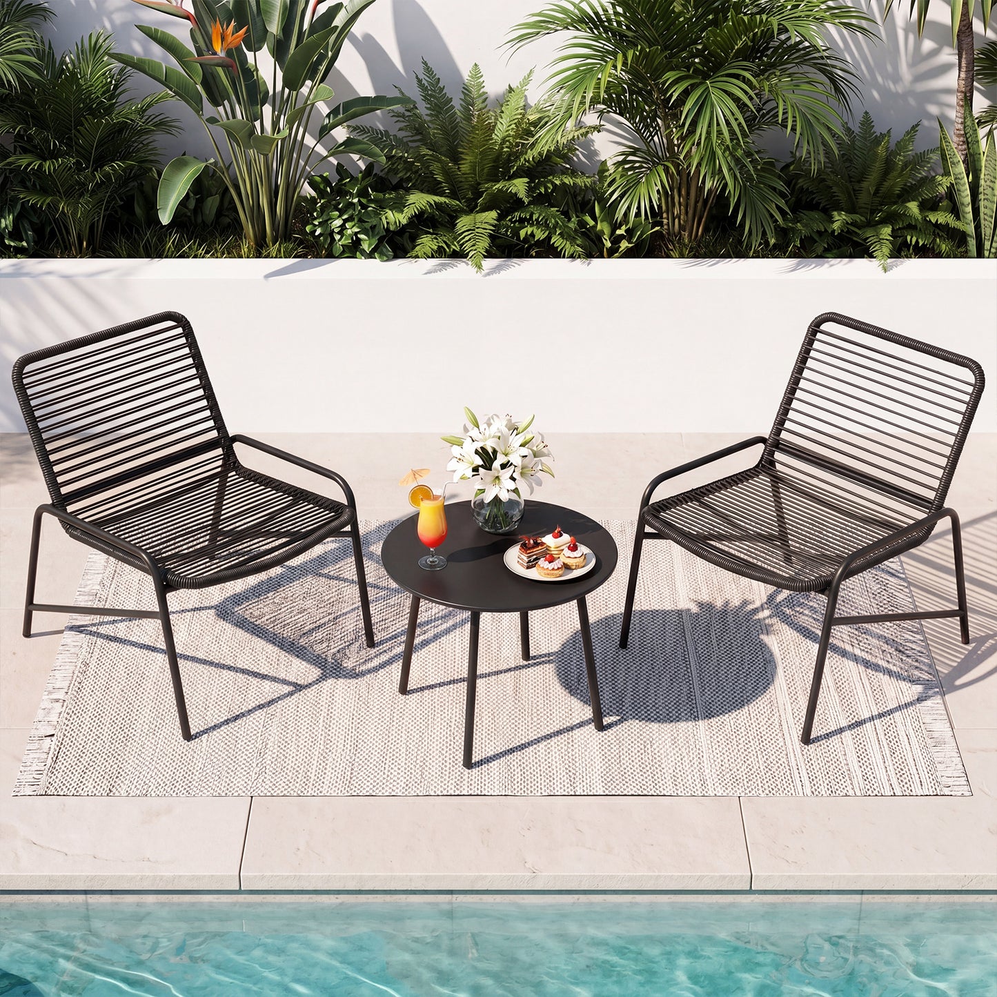 3 Piece Patio Bistro Set Rattan Chairs with Side Table Outdoor Wicker Conversation Set-Black