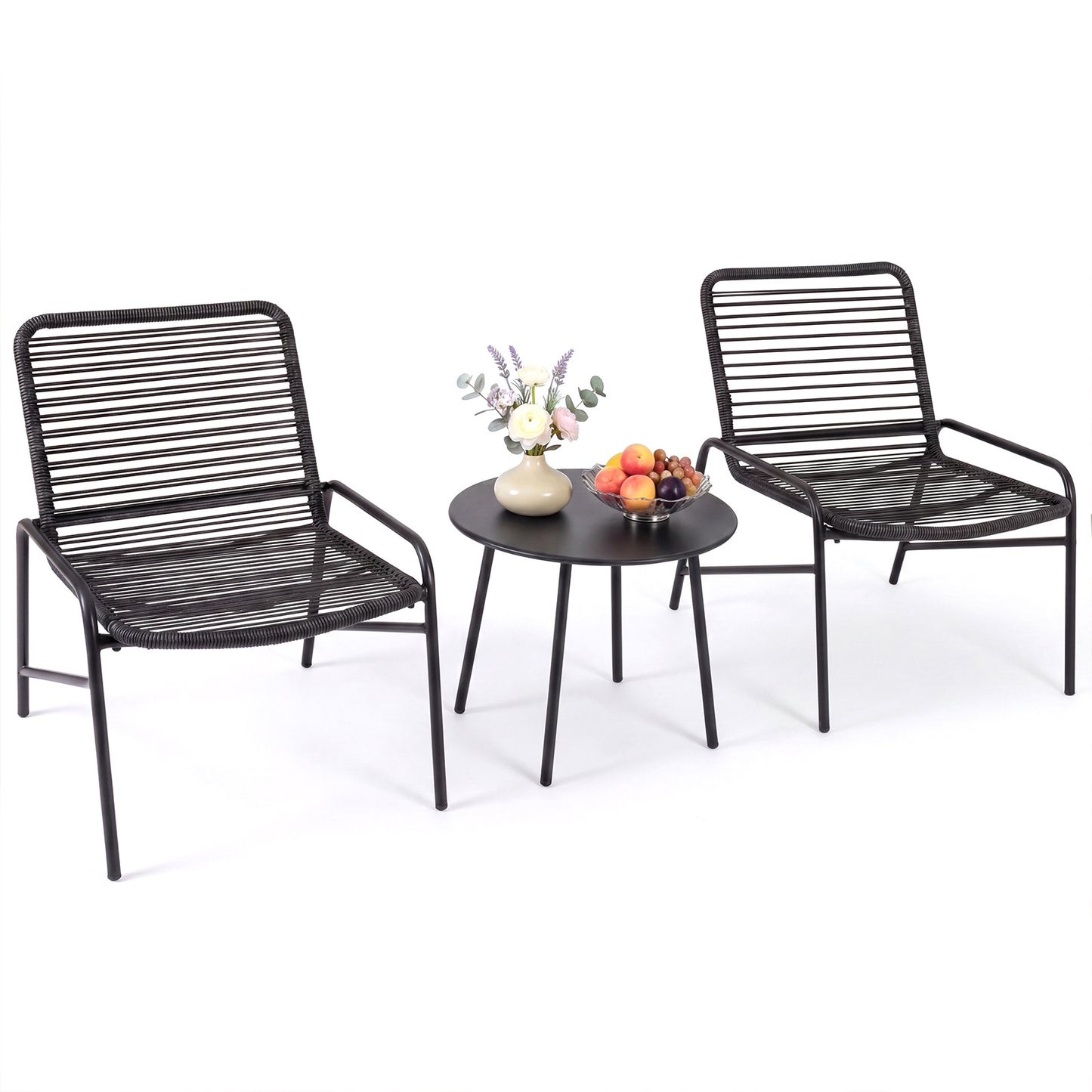 3 Piece Patio Bistro Set Rattan Chairs with Side Table Outdoor Wicker Conversation Set-Black