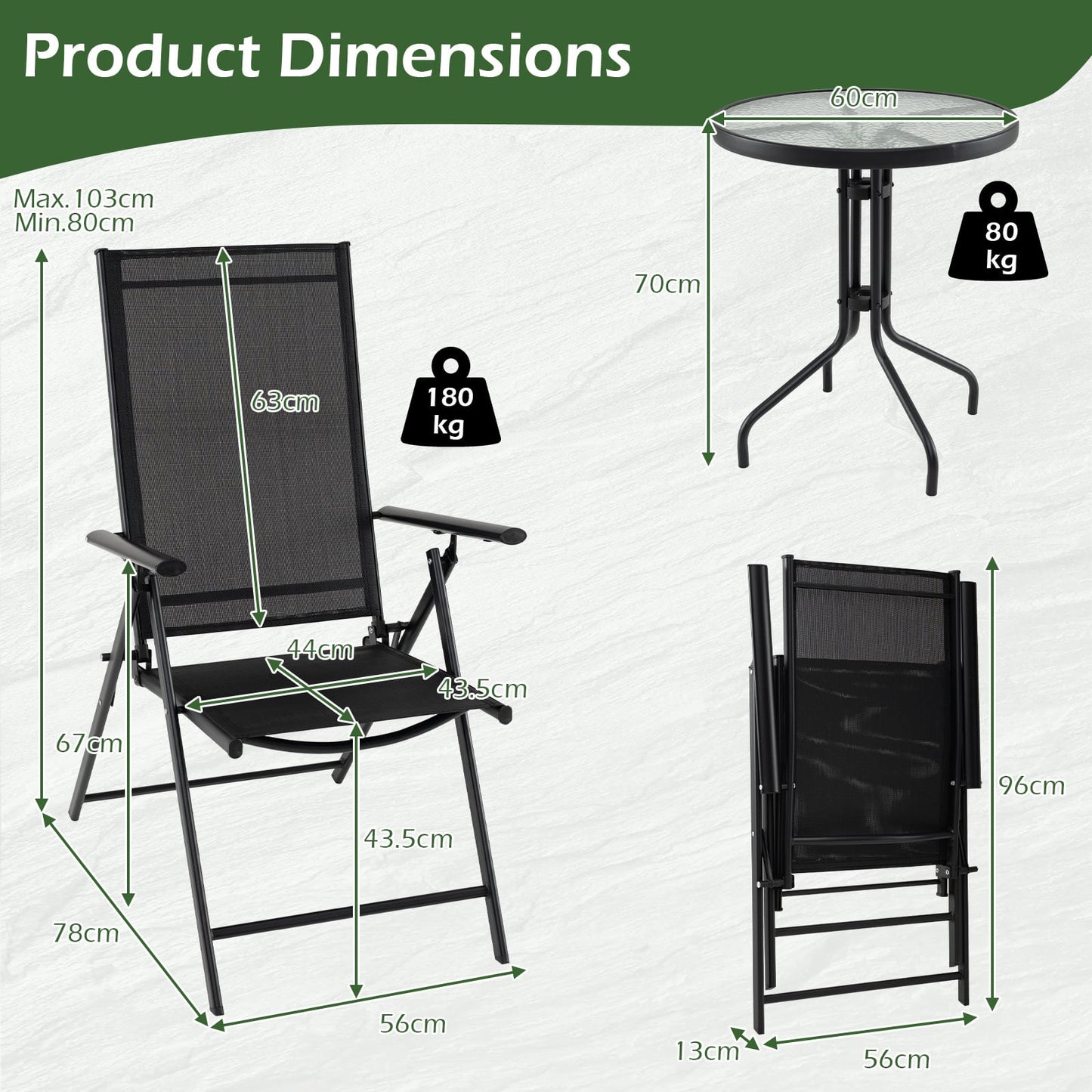3 Piece Patio Bistro Set with Tempered Glass Coffee Table and Heavy Duty Metal Frame-Black
