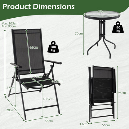 3 Piece Patio Bistro Set with Tempered Glass Coffee Table and Heavy Duty Metal Frame-Black