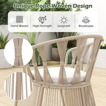 3 Piece Patio Leisure Chair Set Rope-Woven Armchairs and Table Set with Soft Seat Cushions-White
