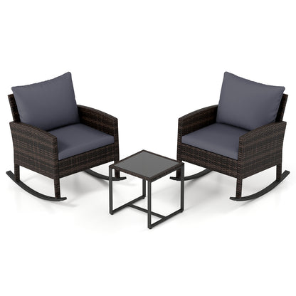 3-Piece Wicker Rocking Bistro Set with Tempered Glass Table and Cushions for Patio-Grey