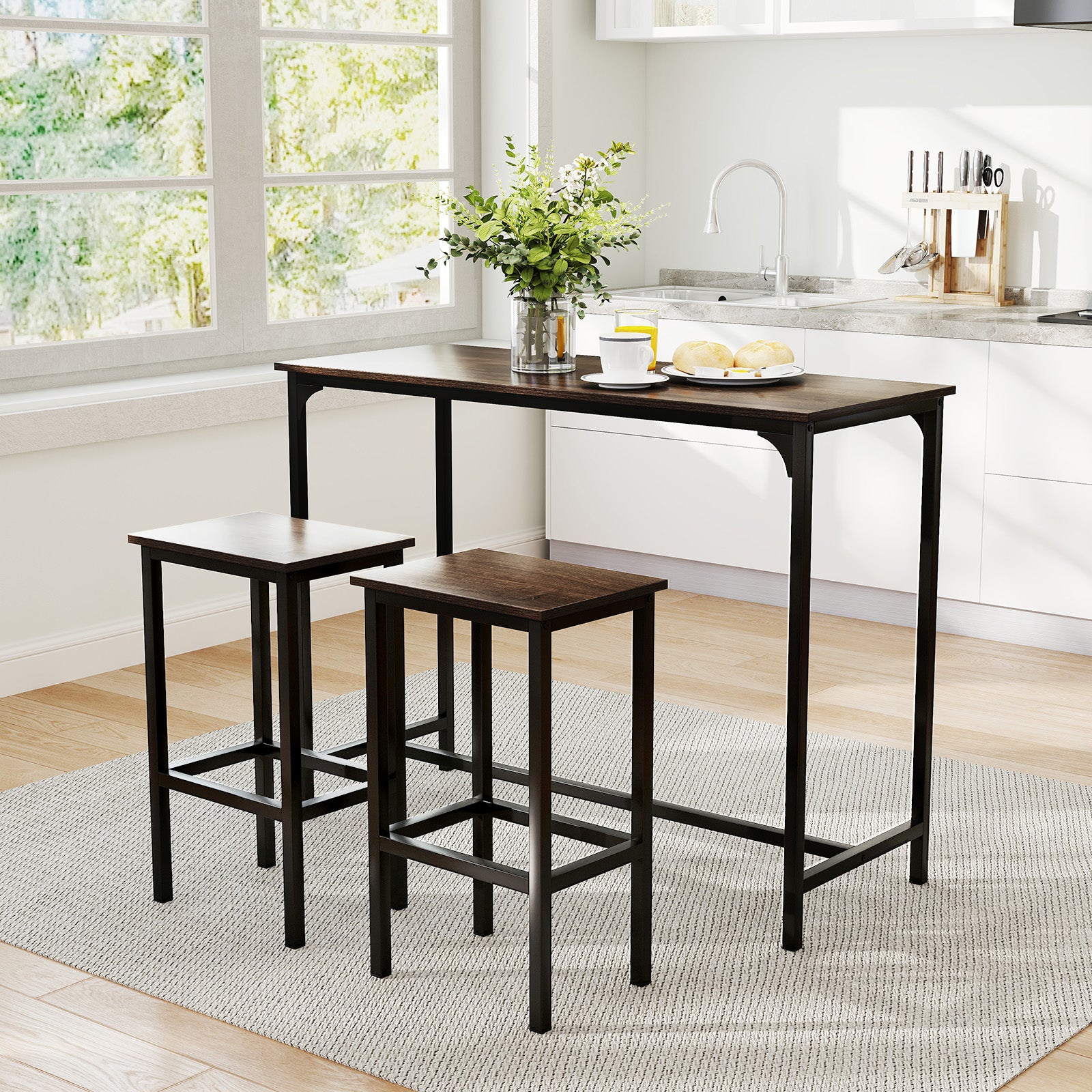 3-Piece Dining Table Set with High Top Rectangular Pub Table and Chairs-Grey