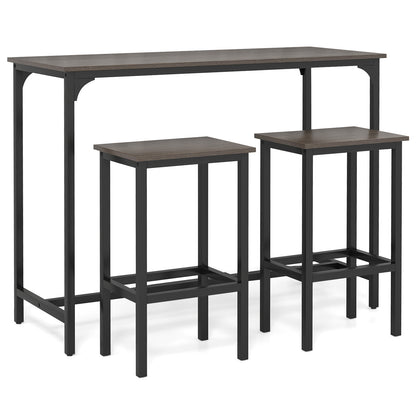3-Piece Dining Table Set with High Top Rectangular Pub Table and Chairs-Grey