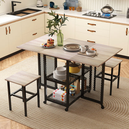 3-Piece Foldable Dining Table Set with Lockable Wheels for Small Place-Grey