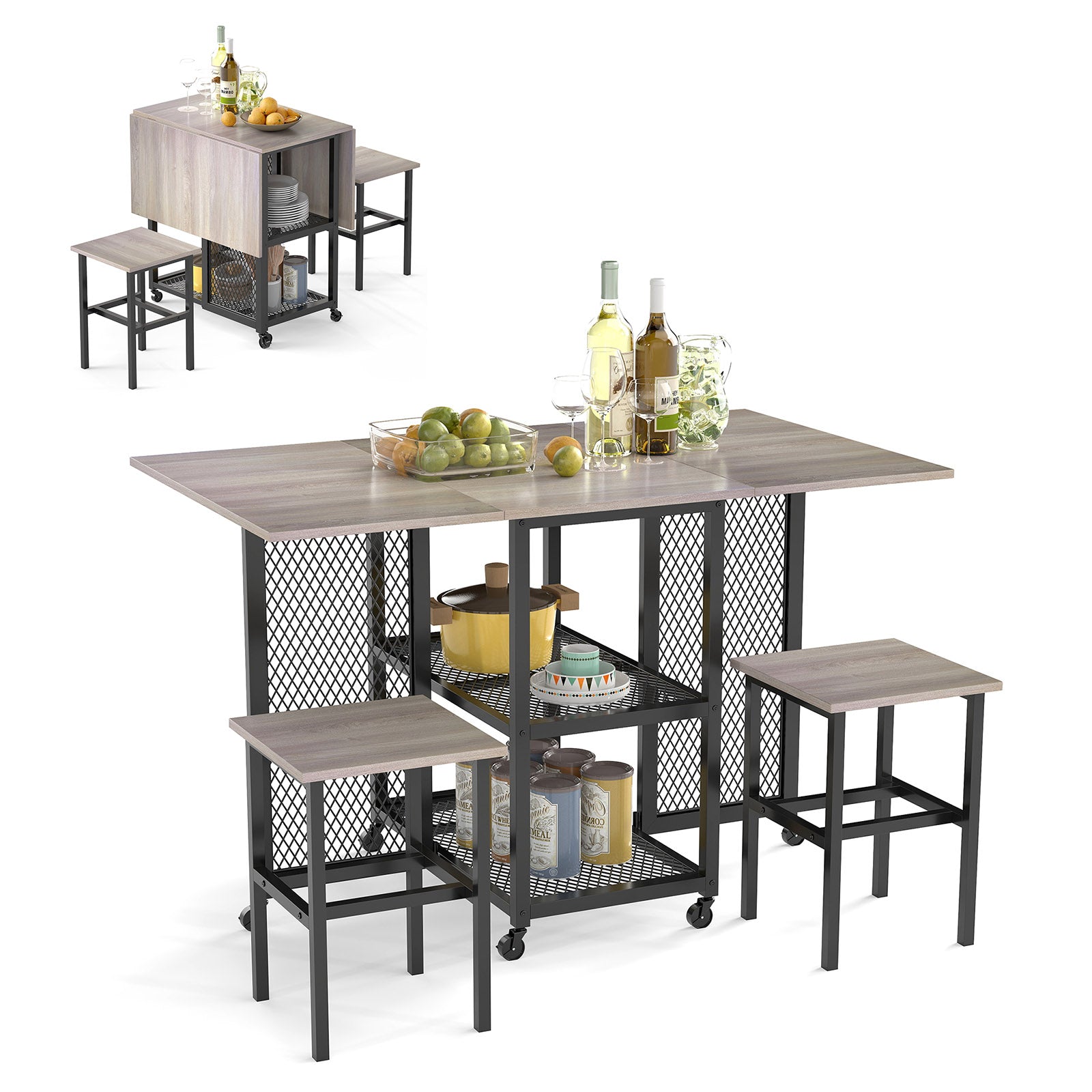 3-Piece Foldable Dining Table Set with Lockable Wheels for Small Place-Grey