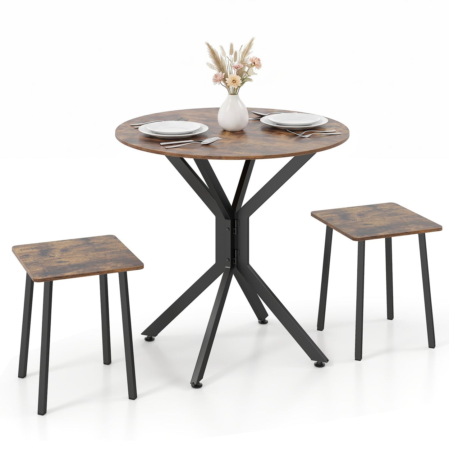 3-Pieces Drop Leaf Dining Table Set Extendable Round Folding Kitchen Table with 2 Stools-Rustic Brown