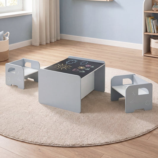 3 Pieces Kids Table and Chair Set with Chalkboard for Home-Grey