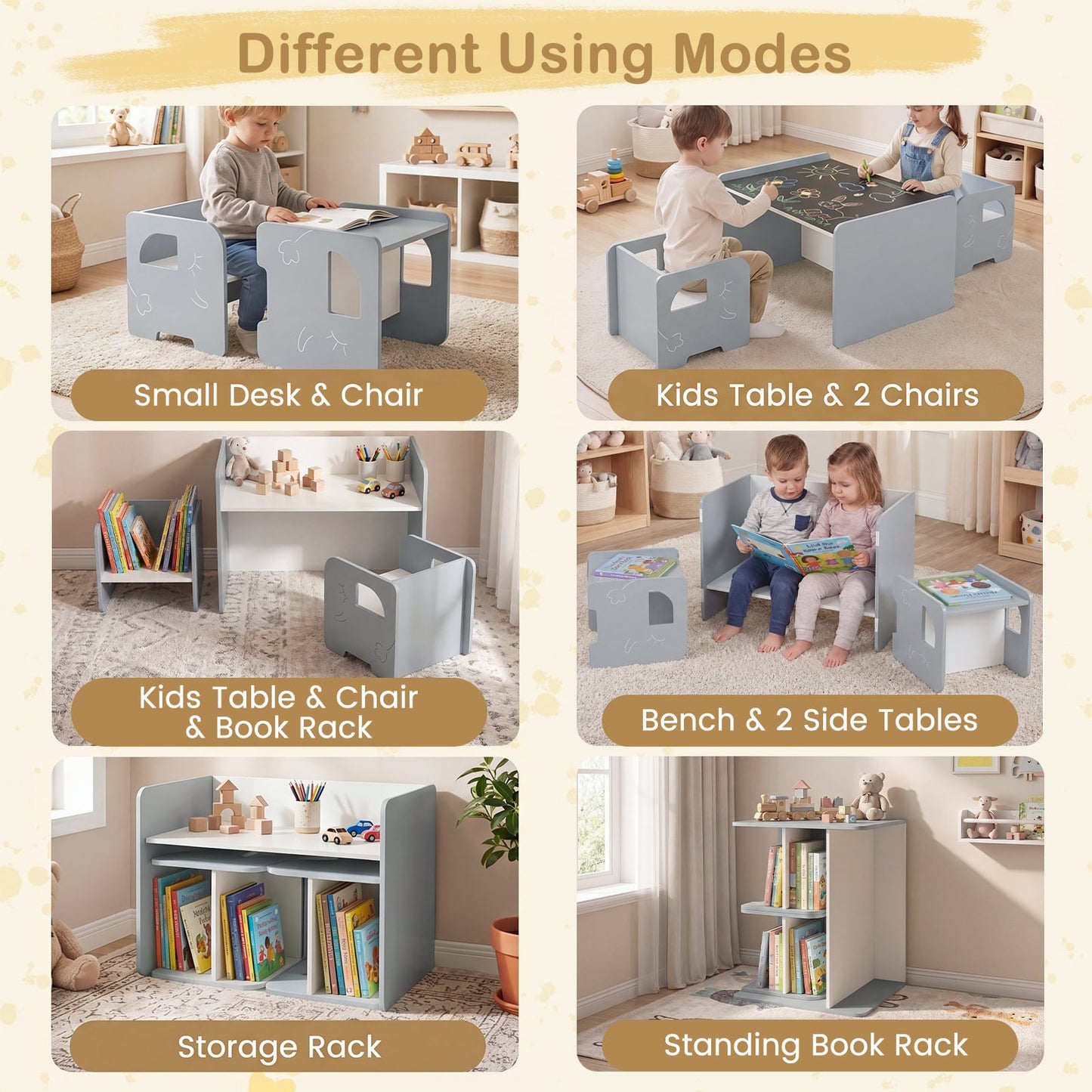3 Pieces Kids Table and Chair Set with Chalkboard for Home-Grey