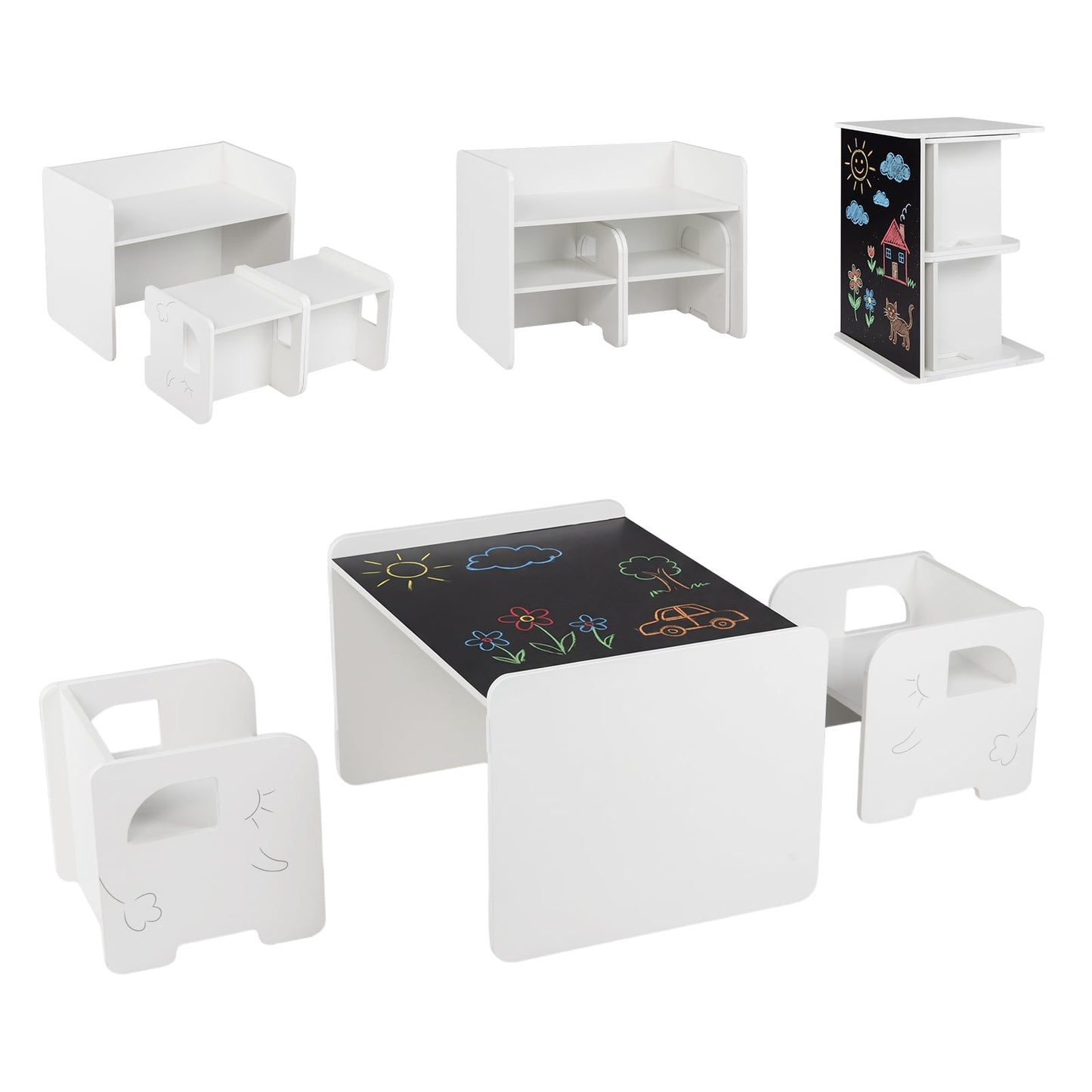 3 Pieces Kids Table and Chair Set with Chalkboard for Home-White