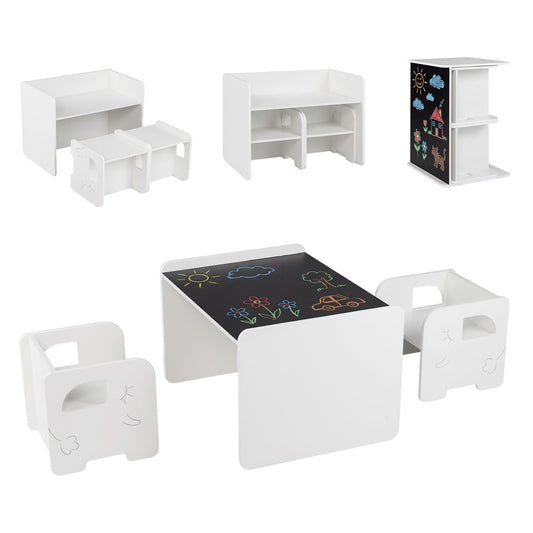 3 Pieces Kids Table and Chair Set with Chalkboard for Home-White