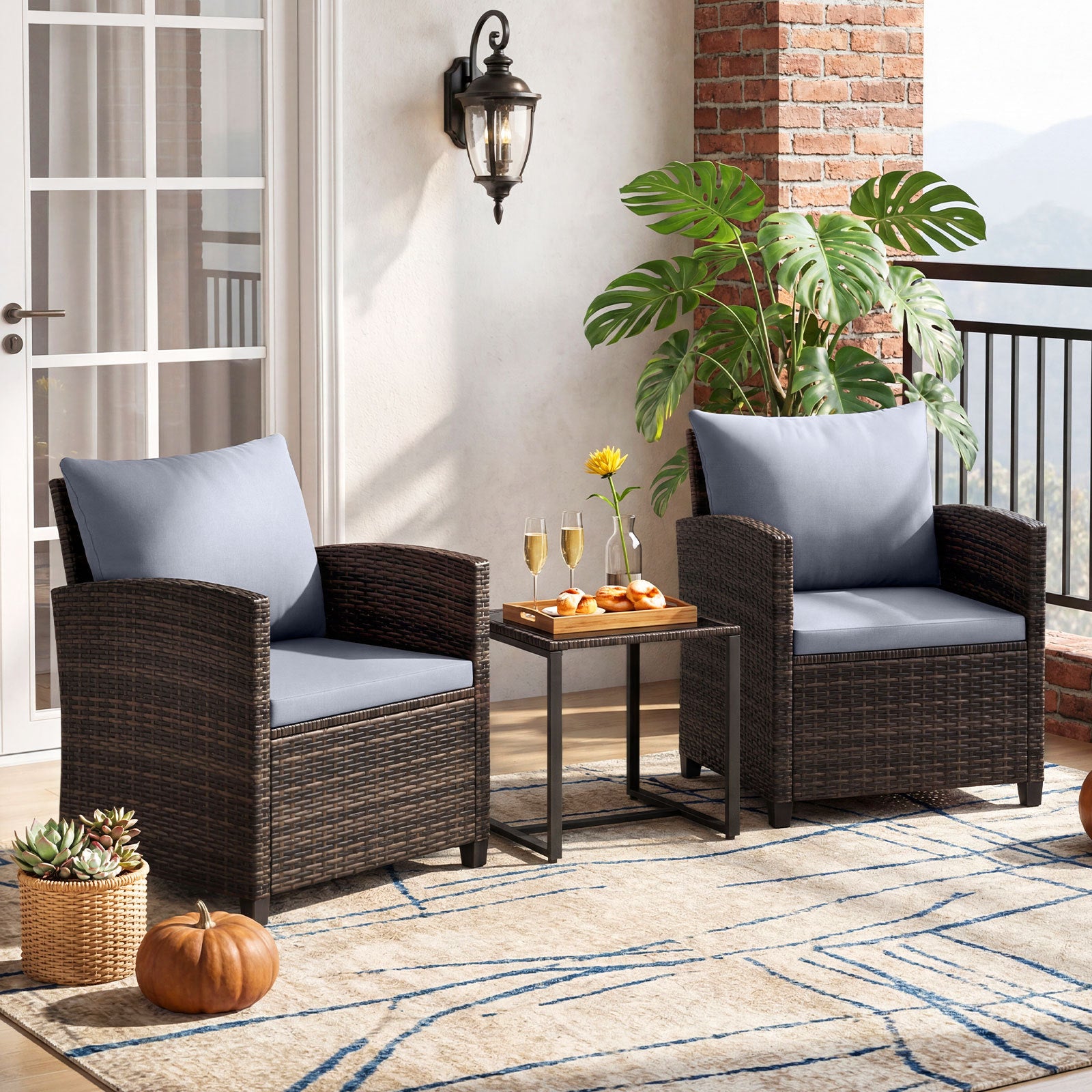 3 Pieces PE Rattan Wicker Outdoor Bistro Conversation Set with Soft Cushions and Tempered Glass Coffee Table-Grey