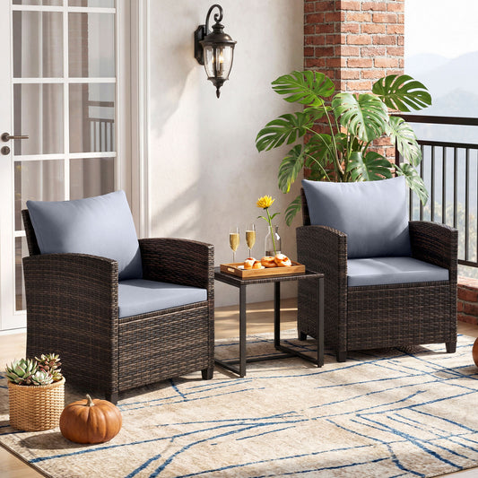 3 Pieces PE Rattan Wicker Outdoor Bistro Conversation Set with Soft Cushions and Tempered Glass Coffee Table-Grey