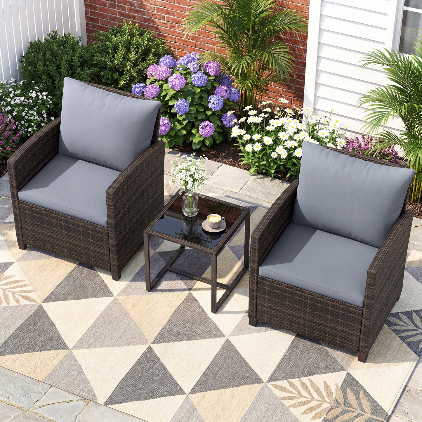 3 Pieces PE Rattan Wicker Outdoor Bistro Conversation Set with Soft Cushions and Tempered Glass Coffee Table-Grey