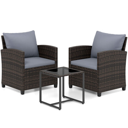 3 Pieces PE Rattan Wicker Outdoor Bistro Conversation Set with Soft Cushions and Tempered Glass Coffee Table-Grey