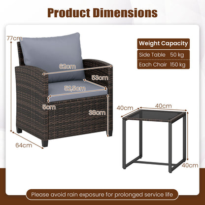 3 Pieces PE Rattan Wicker Outdoor Bistro Conversation Set with Soft Cushions and Tempered Glass Coffee Table-Grey