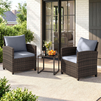 3 Pieces PE Rattan Wicker Outdoor Bistro Conversation Set with Soft Cushions and Tempered Glass Coffee Table-Grey