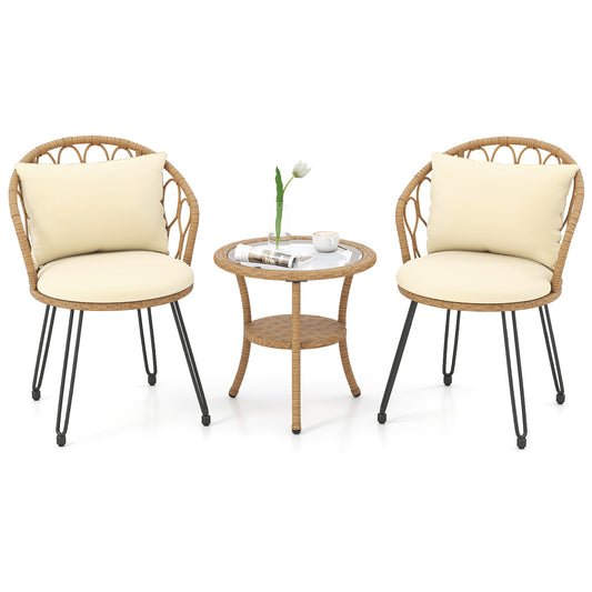 3 Pieces PE Wicker Patio Bistro Set with Cushions for Porch-Beige