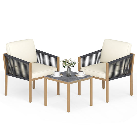 3 Pieces Patio Bistro Set Woven Rope Outdoor Conversation Set with Cushions-Beige