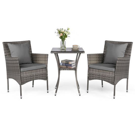 3 Pieces Patio Wicker Bistro Set 2 Rattan Chairs with Double-Tier Tempered Glass Table-Grey