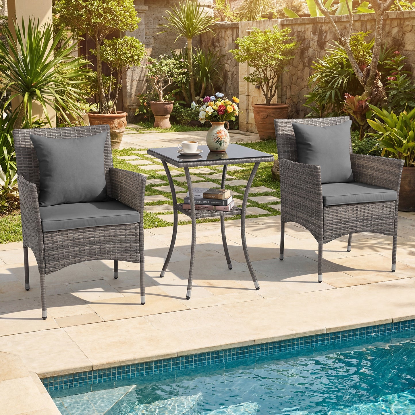 3 Pieces Patio Wicker Bistro Set 2 Rattan Chairs with Double-Tier Tempered Glass Table-Grey