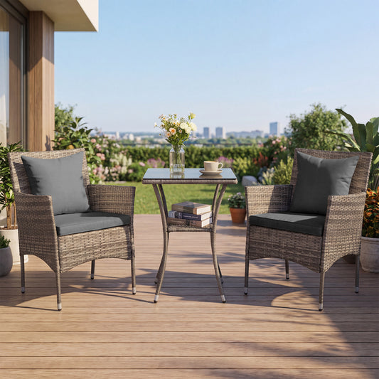 3 Pieces Patio Wicker Bistro Set 2 Rattan Chairs with Double-Tier Tempered Glass Table-Grey