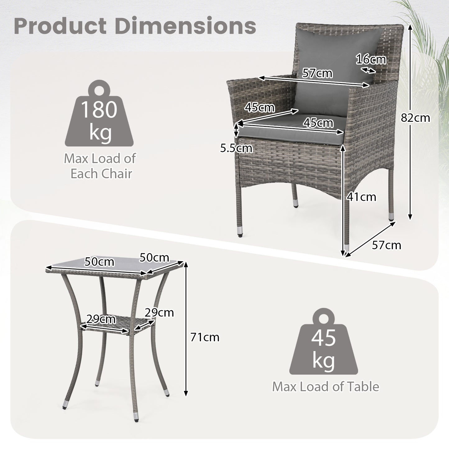 3 Pieces Patio Wicker Bistro Set 2 Rattan Chairs with Double-Tier Tempered Glass Table-Grey